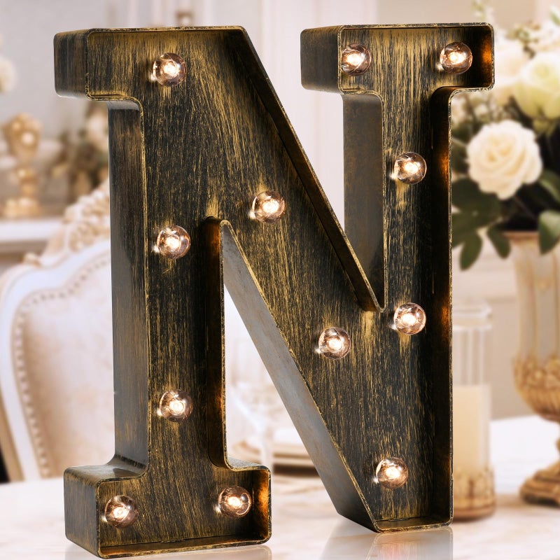 OYCBUZO Golden Black Led Marquee Letter - Industrial, Vintage Style Light Up Alphabet Letter Sign for Cafe Wedding Birthday Party Christmas Lamp Home Bar Initials Decor - N - Image 1